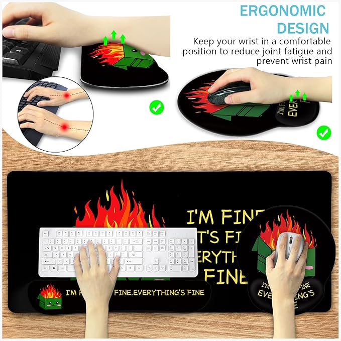Blusabaca Dumpster on Fire Mouse Pad Desk Pad, Funny Cute Desk Mat Large Gaming Mouse Pad with Wrist Rest, Keyboard Pad Wrist Rest Ergonomic, Cup Coaster, Work Home Desk Accessories Office Supplies