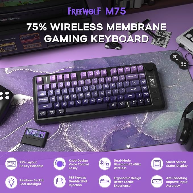 FREEWOLF M75 Wireless Gaming Keyboard Mechanical Feel Membrane with Knob & OLED Display Bluetooth/2.4Ghz Rainbow Backlit Gradient PBT Keycaps 2000mAH Battery Anti-Ghosting-Purple