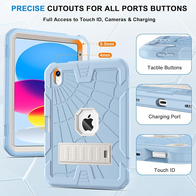 Sibeitu Case for iPad 11-Inch A16 2025 & 10th Generation 10.9 Inch 2022, Shockproof Rugged iPad 10 Case with Built-in Pencil Holder & Stand, Hard 10th Gen iPad 10.9 inch Cover for Kids Boys, Sky Blue