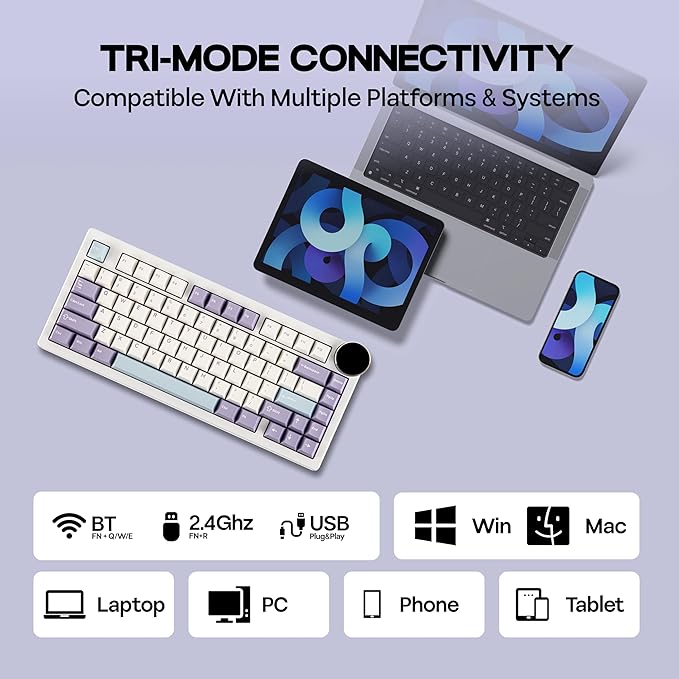 MechLands AJAZZ AK820V2 75% Wireless Gaming Keyboard with 0.9” TFT Display Screen & Knob, Gasket Mechanical Creamy Keyboard with 10000mAh Battery, Hot Swappable, RGB for Win/Mac (White Purple)