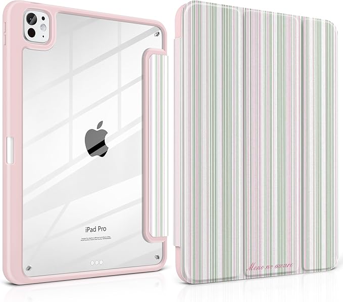 TWOLSKOO Case for iPad Pro 11-inch (M5 2025 / M4 2024), Clear Acrylic Back with TPU Bumper, Pencil Holder, Trifold Stand, Auto Sleep/Wake, Pastel Stripes