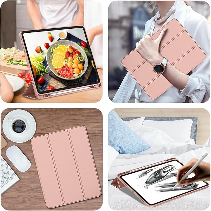 iMieet New iPad Pro 12.9 Case 2022(6th Gen)/2021(5th Gen) with Pencil Holder [Support iPad 2nd Pencil Charging/Pair],Trifold Stand Smart Case with Soft TPU Back,Auto Wake/Sleep(Rose Gold)