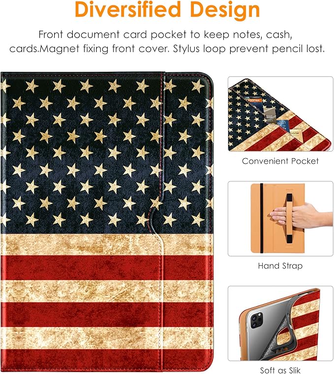DTTO for iPad Pro 12.9 6th / 5th / 4th / 3rd Generation Case 2022/2021/2020/2018, Premium Leather Folio Stand Cover with Built-in Pencil Holder -Auto Wake/Sleep and Multi Viewing Angles,US Flag