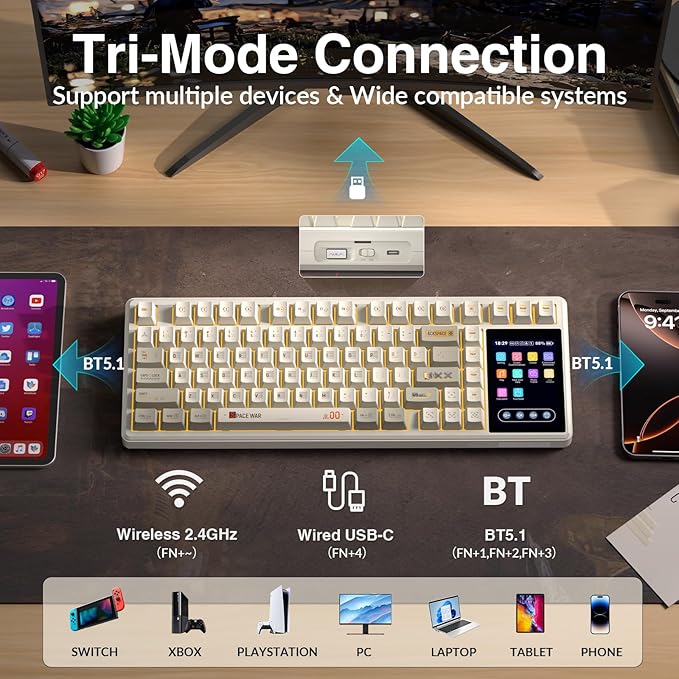 Aula L99 Wireless Mechanical Keyboard with Smart Touch Screen,Tri-Mode Hot Swappable Custom Gaming Keyboard,RGB Backlit,PBT Keycap,Gasket Mount Creamy Sound Computer Keyboards for Office PC,84 Keys