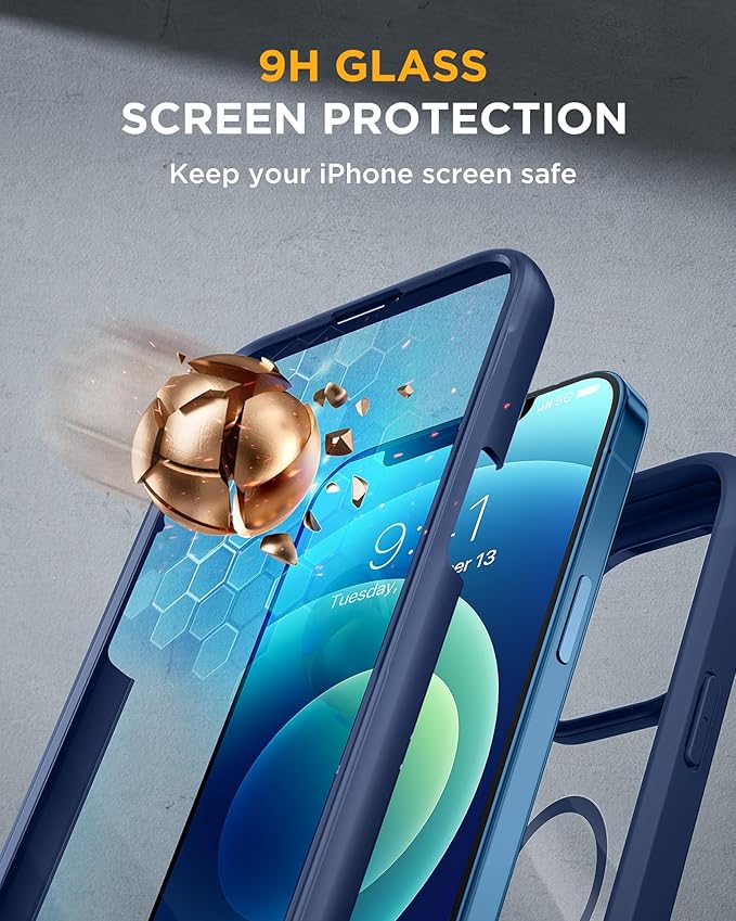 Miracase Glass Series Designed for iPhone 12/12 Pro 6.1 Inch, Upgrade Full-Body Magnetic Case with Built-in 9H Tempered Glass Screen Protector, with Camera Lens Protector, Magnetic Blue