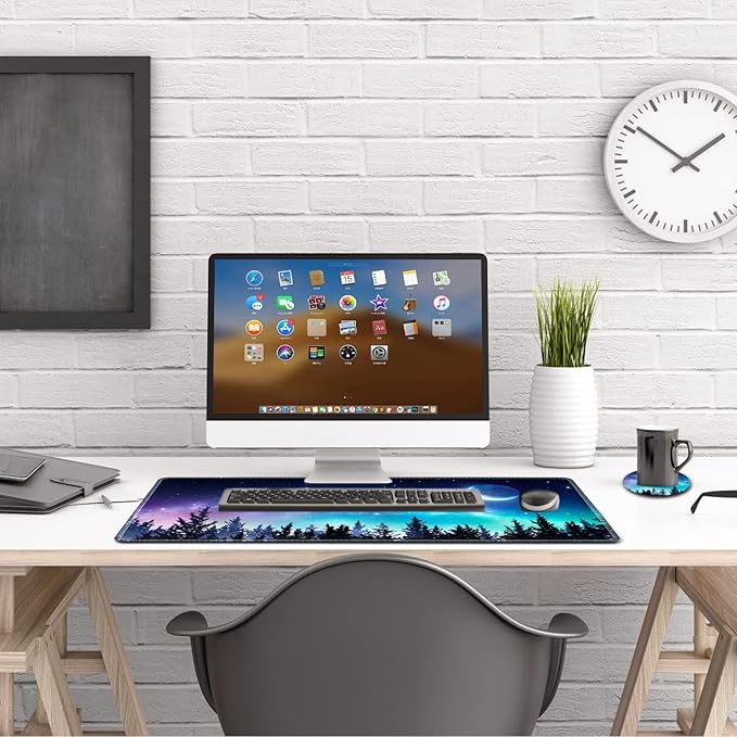 AIMSA Large Gaming Mouse Pad Extended Mouse Pad with Stitched Edge, Keyboard Mouse Mat Non-Slip Rubber Base Desk Pad 31.5x11.8 inch for Office Home Game Work, Forest Moon Sky