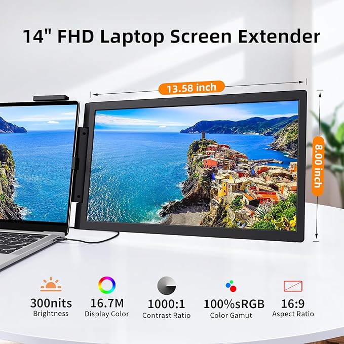 MAGICRAVEN Laptop Screen Extender, 14" 1080P Portable Monitor, Type-C HDMI Plug and Play for 13.3" - 16.1" Laptops, 270° Rotation Attachment Display for Windows/MacOS/Chrome Laptop Phone