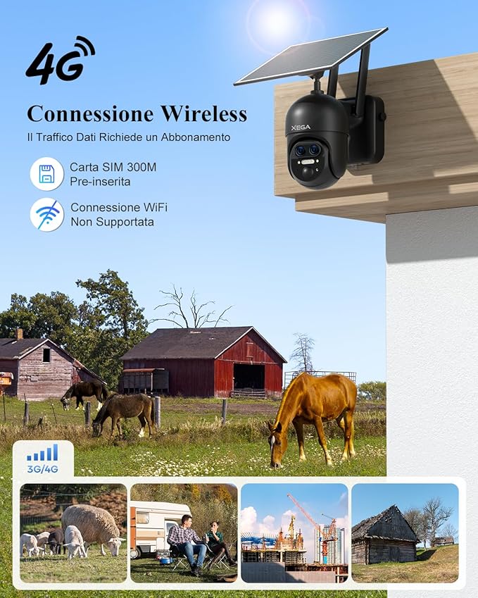 Xega 4G 【12X Hybrid Zoom】 Cellular Security Camera Outdoor with 【Dual Lens】, 2K Solar Wireless PTZ Outdoor Surveillance Camera,Smart PIR Human/Motion Detection, Two Way Talk, Built-in SIM Card, IP66