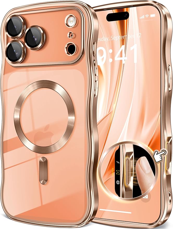 GVIEWIN for iPhone 17 Pro Case Compatible with MagSafe, Upgraded [Full Camera Protection][Cute Wave Frame][Military Grade Protection] Electroplated Hard Phone Cover for Women Girl, Clear/Rose Gold