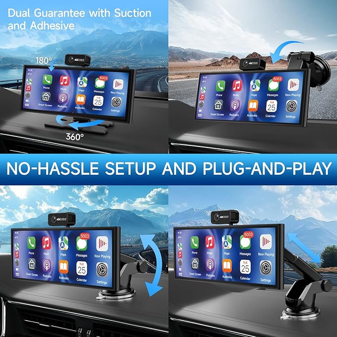 CarPlay Screen for Car Tablet Android Auto Smart Screen for Car, 4K Dash Cam Portable Car Play with 3 Channel Camera,10.26” Wireless Display with FM Radio Stereo Bluetooth 5.2, 32GB TF Card Black