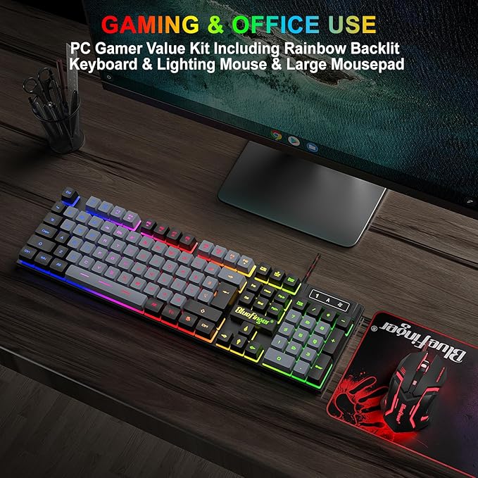 BlueFinger RGB Gaming Keyboard and Backlit Mouse Combo, USB Wired, LED Gaming Set for Laptop PC Computer Game and Work(Black & Gray)