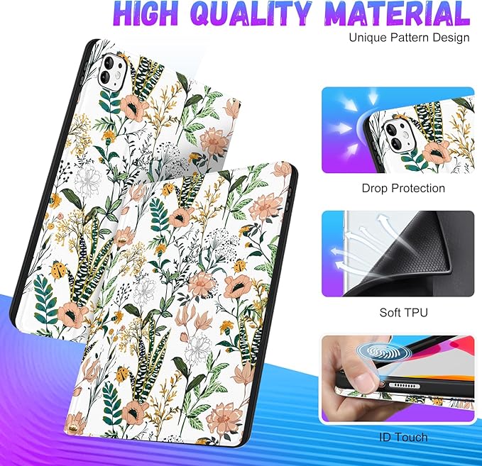 Uppuppy for iPad Pro 11 Inch Case 2024 - Women Girls Cute Folio Smart Cover with Pencil Holder Flower Floral Girly Pretty Kawaii Kids Unique for iPad Pro 11 M4 Cases A2836 A2837 A3006