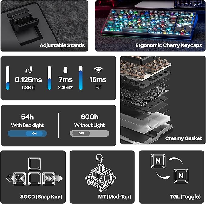 MechLands Aula F87 PRO V2 Wireless Gaming Keyboard with 10000mAh Battery, 8K Polling, SOCD/MT/TGL, BT/2.4GHz/Wired, Hot Swap TKL Mechanical Keyboard with Creamy Gasket, RGB Backlit (Black Transparent)