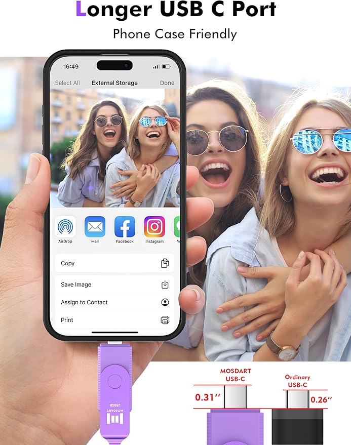 MOSDART 256GB USB C 3.2 Fast Speed C and A Dual Flash Drive, exFAT Memory Stick with Keychain and LED Indicator, for iPhone 15,16,17, Android Phone, iPad, MacBook, and Other Laptops, Purple