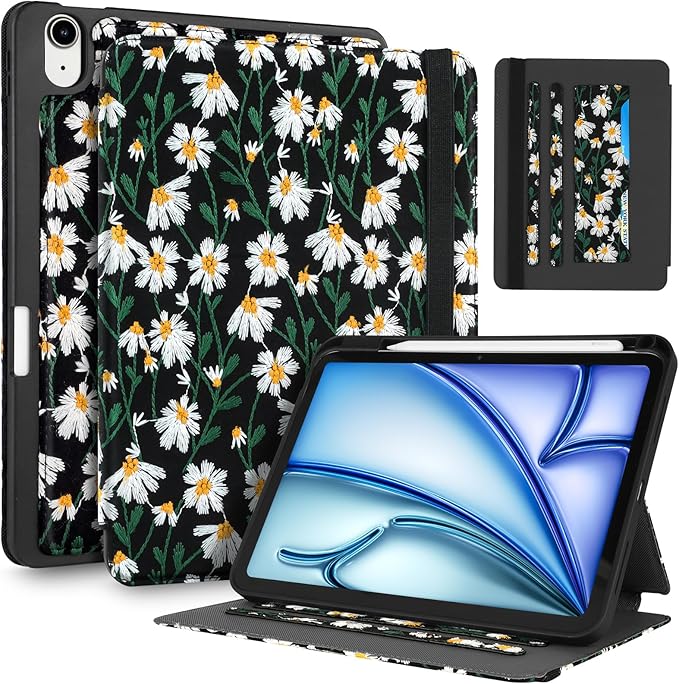 Uppuppy for iPad Air 11 inch Case M3 2025/M2 2024 - Air 5th/4th Generation Case 10.9'' Women Girls Cute Embroidered Folio Stand Cover with Pencil Holder & Card Slot Kawaii Daisy Floral Design Cases