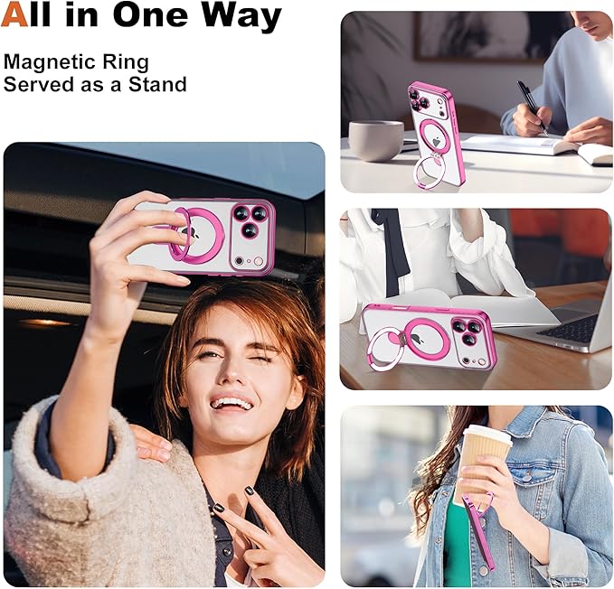Compatible with iPhone 17 Pro Case with Invisible Magnetic Ring Stand [Compatible with Mag-Safe] [Full Camera Lens Protector] Plating Clear Phone Case for iPhone 17 Pro 6.3", Rose