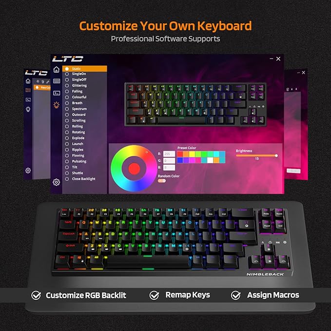 LTC NB681 Nimbleback Wired 65% Mechanical Keyboard, RGB Backlit Ultra-Compact 68 Keys Gaming Keyboard with Hot-Swappable Switch and Stand-Alone Arrow/Control Keys (Hot Swappable Blue Switch, Black)