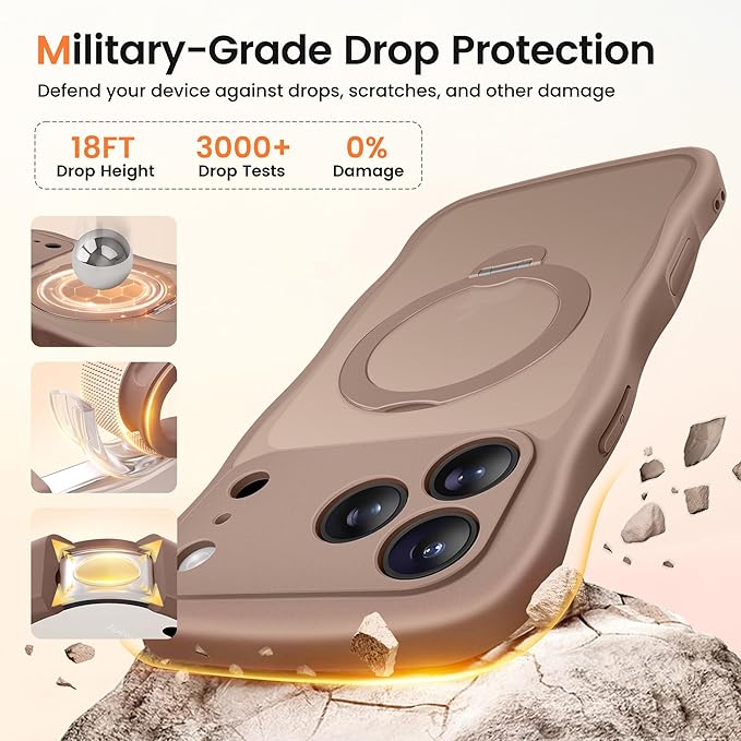 CAPRARO for iPhone 17 Pro Max Case with 360° Spin Magnetic Stand for Women, [Compatible with MagSafe] [Full Camera Protection] Cute Wave Translucent Matte Case for iPhone 17 Pro Max, Brown