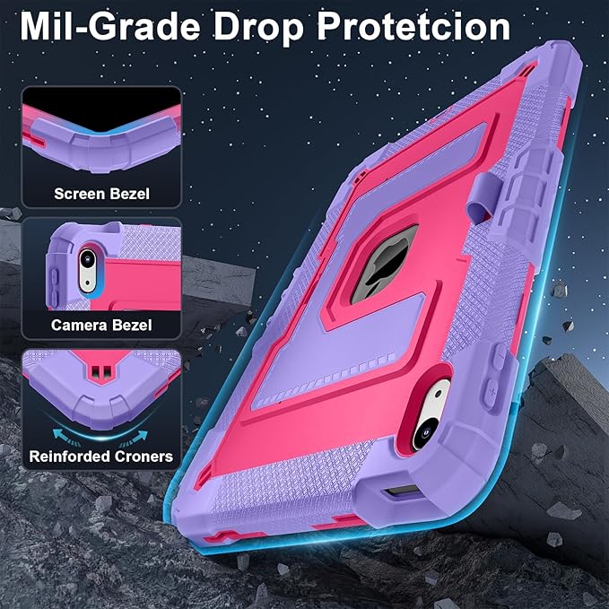 Kids Friendly Case for iPad A16 11th Generation 11 Inch 2025 / iPad 10th Generation 10.9" 2022 Case with Pencil Holder & Shoulder Strap, Hybrid iPad 11 10 Cover Rugged Shockproof Kickstand,Rose+Purple