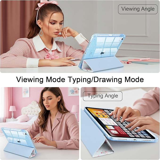 DONGKE for iPad Pro 11 inch Case – Fits M5 2025 / M4 2024, Shockproof Sparkling Glitter Acrylic Back, Pencil Holder, Trifold Stand, Auto Sleep/Wake & Touch ID Support - Tiny Roses