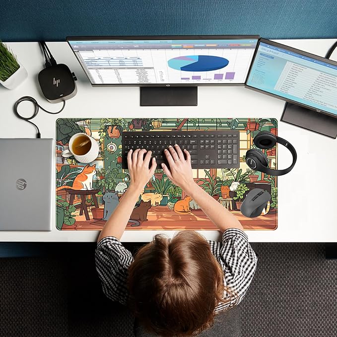 Large Desk Mouse Pad Cute Cats Desk Mat, Extended Gaming Mouse Mat, Office Home Keyboard Pad, Green Plant Computer Mats XXL, Cute Full Desktop Mat, Anime PC Accessories for Women 31.5" x 15.75"