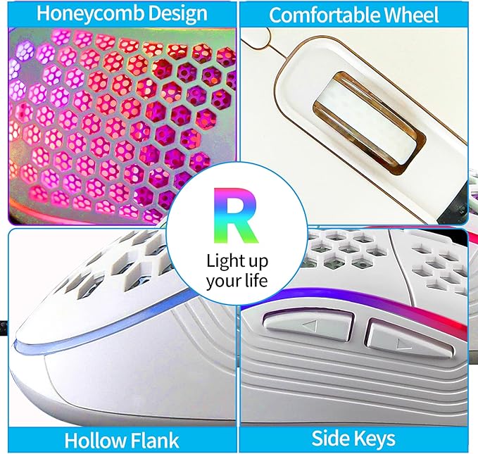 Techsea Honeycomb Wired Gaming Mouse with RGB On/Off Switch, 7200 Adjustable DPI, Ergonomic Lightweight Design & High Precision Sensor for PC/Mac Gamers (White)
