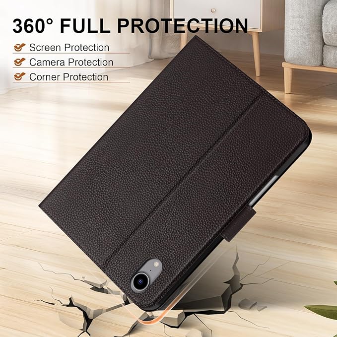 Genuine Leather Case for iPad mini 7th/6th Gen 8.3 Inch 2024/2021 | with Pencil Holder and Adjustable Stand, Magnetic Closure, Auto Wake/Sleep Cover | Dark Brown