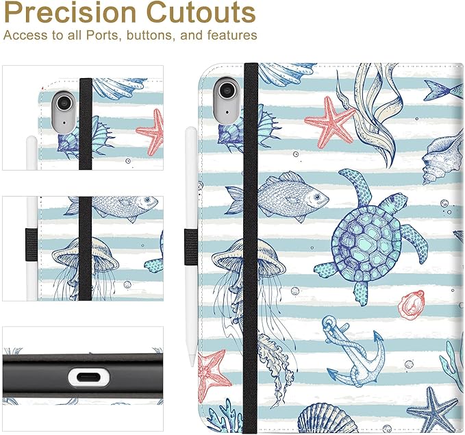 Vimorco Case for iPad (A16) 11th Generation 2025, for iPad 11th/10th Generation Case, Pencil Holder & Hand Strap & Pocket, Multiple Stand Protector PU Leather Cover, Auto Wake/Sleep, Marine Animal