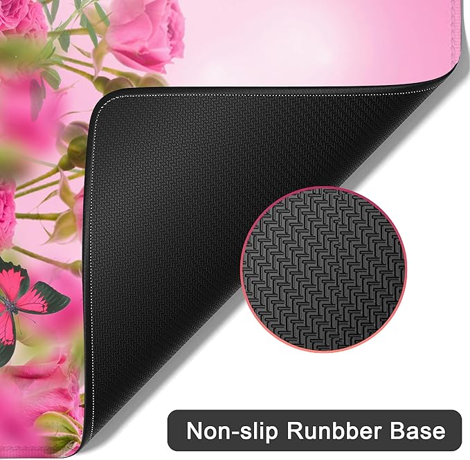 Desk Mat,Spring Pink Rose Floral Butterfly Mouse Pad Large Gaming for Desk,Non-Slip Rubber Base Mousepad,31.5x15.7 Inch for Office Home Work & Game