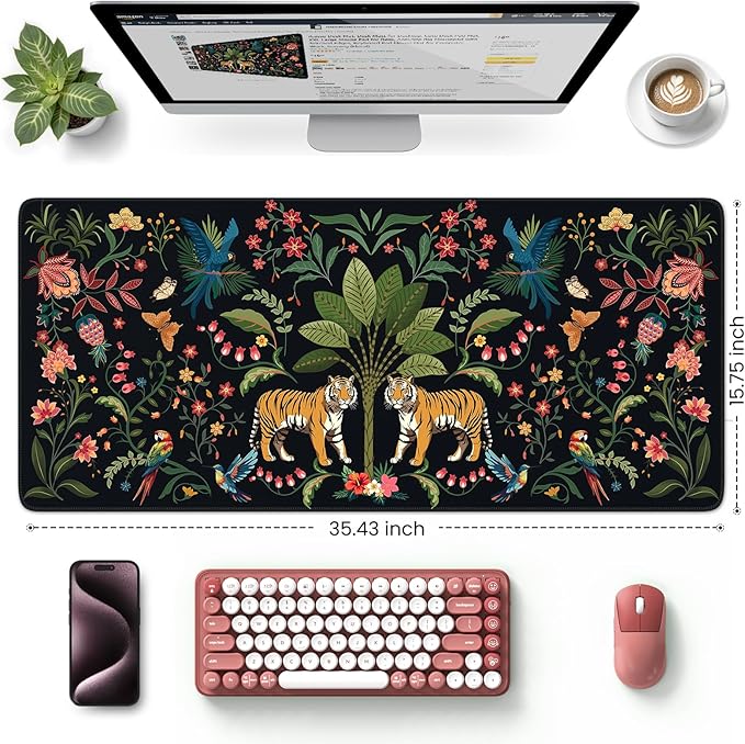 HAOCOO Gaming Large Mouse Pad with Smooth Surface, Extended Computer Pad with Non-Slip Rubber Base, Waterproof Laptop Pad, Stitched Edge Desk Cover Mat for Writing, Dining(Jungle)