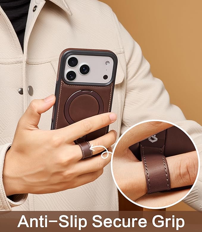 Butaiga for iPhone 17 Pro Leather Case with Stand, Anti-Slip Grip Ring, Fits for MagSafe (Cocoa, iPhone 17 Pro)