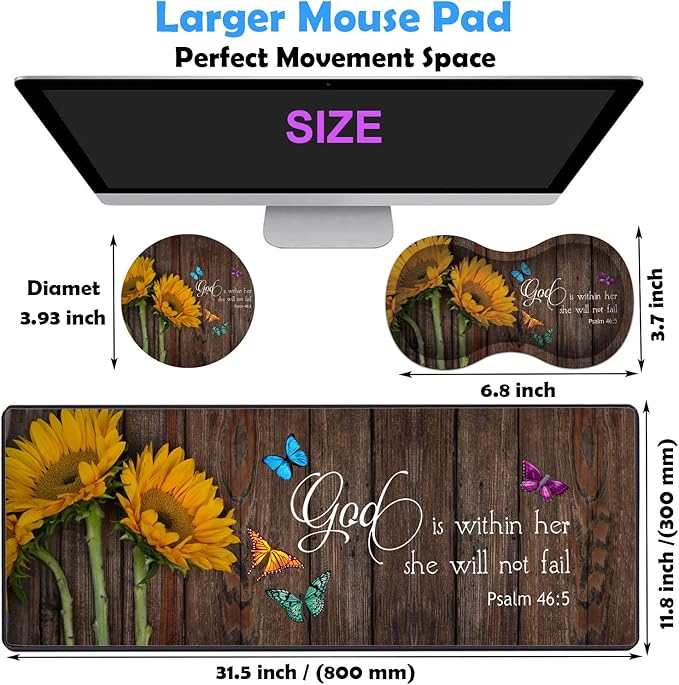 3 Piece Mouse Pad Set with Stitched Edge Large Anti-Slip Mouse Pad Desk Pad Keyboard Pad + Wrist Rest Pad + Coaster, Memory Foam Wrist Rest for Office/Home - Psalm 46:5 Sunflower