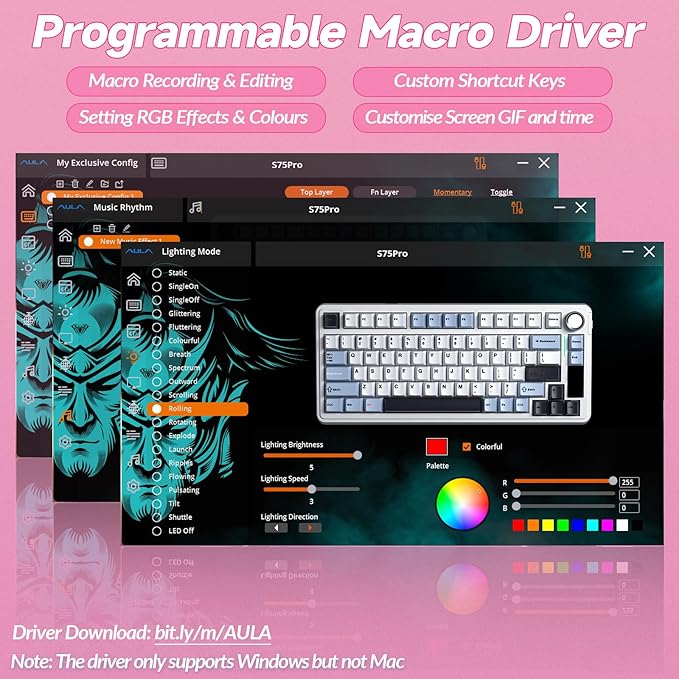 AULA S75 PRO Wireless Mechanical Keyboard with Screen&Knob, Tri-Mode Hot Swappable Gaming Keyboard 75%, Pre-lubed Switches, RGB Backlit, Side Printed PBT Keycaps, Creamy Sounding Pink Keyboards