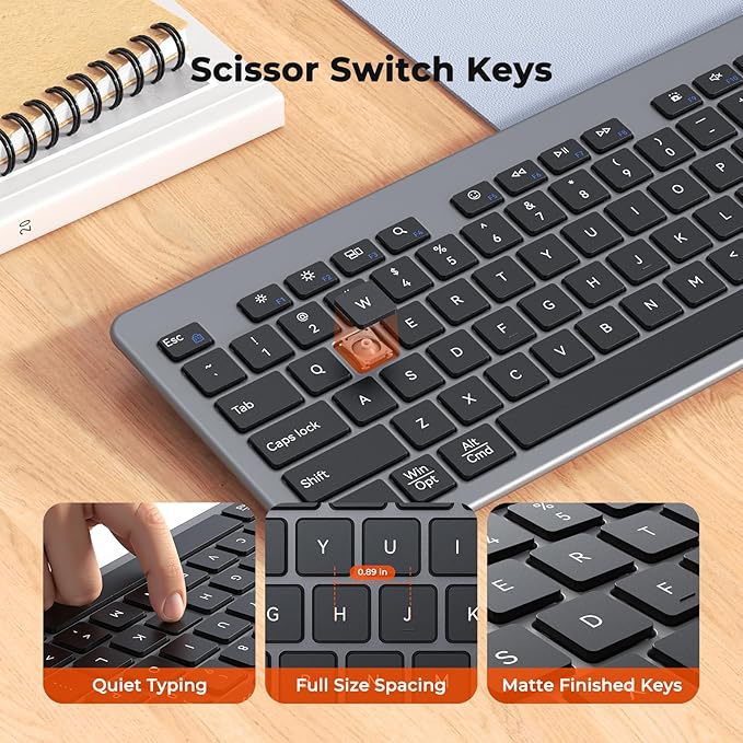 MEETION Wireless Keyboard and Mouse, Ultra Slim Multi-Device Bluetooth Keyboard Mouse, Low-Profile Full Size Keyboard, 1200-3200 DPI Mice, for Computer PC Laptop Tablet iPad, Windows/Mac/iOS