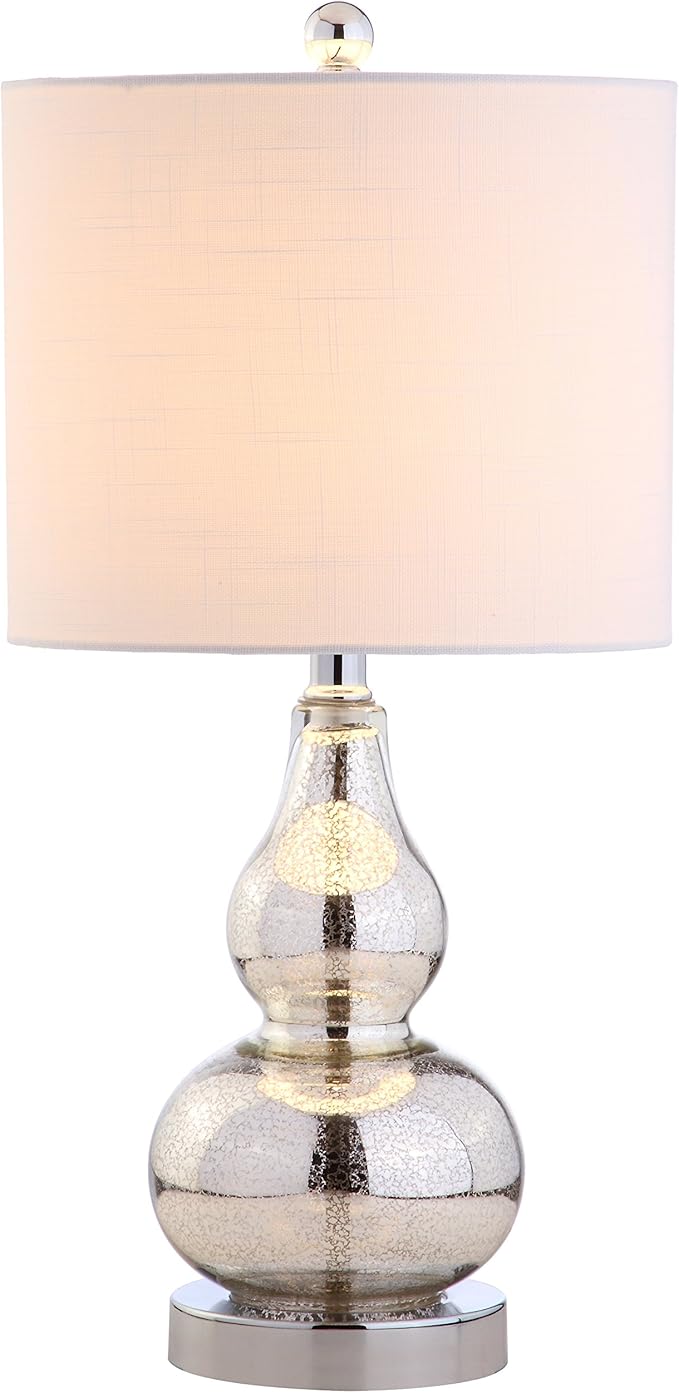 JONATHAN Y 20.5" Mercury Silver Glass Table Lamp, Modern Gourd Bedside Nightstand Lamp for Bedroom, Living Room, White Linen Shade, LED Bulb Included (JYL1028C)