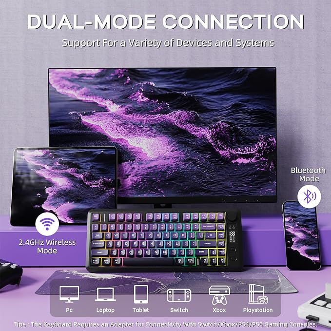 FREEWOLF M75 Wireless Gaming Keyboard Mechanical Feel Membrane with Knob & OLED Display Bluetooth/2.4Ghz Rainbow Backlit Gradient PBT Keycaps 2000mAH Battery Anti-Ghosting-Purple