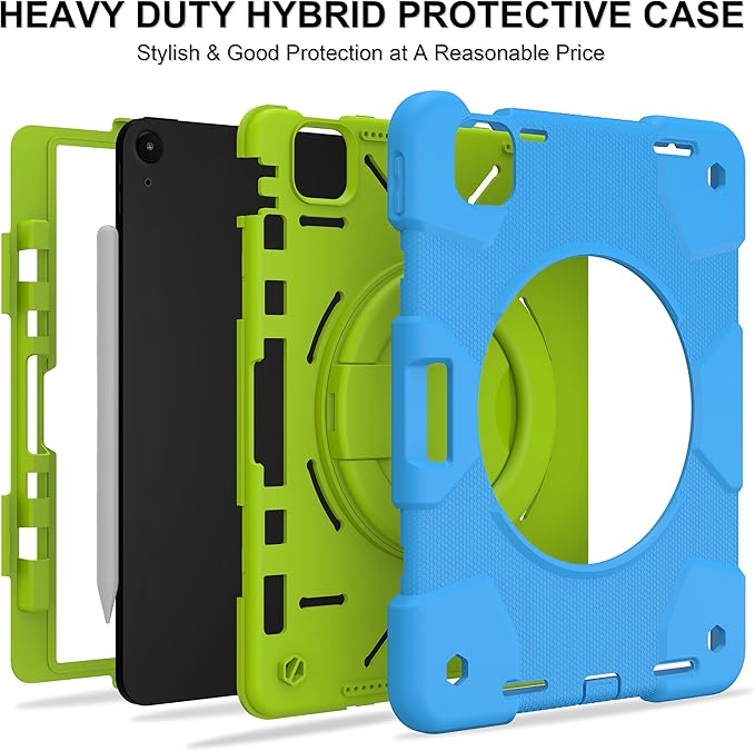 Andnary Case for iPad Air 11 inch Case M4/M3/M2 (2026/2025/2024), Heavy Duty Shockproof Cover with Screen Protector, 360° Rotating Stand, Pencil Holder, Shoulder Strap (Blue+Green)