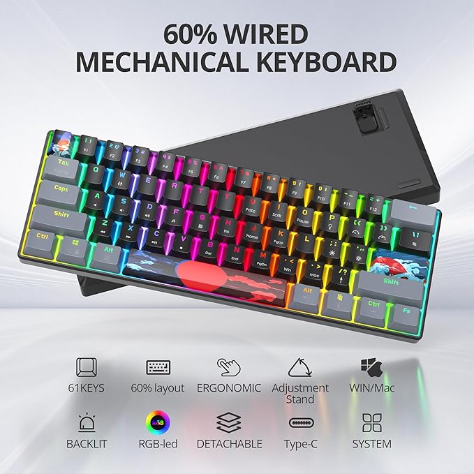 Protable 60% Percent Gaming Keyboard Mechanical, Mini Compact RGB Backlit 61 Keys Wired Office Keyboard with Red Switch for Mac/Win (Dark/red Switch)