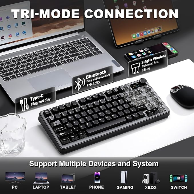 YUNZII B75 PRO MAX QMK/VIA Wireless Mechanical Keyboard,75% Layout with Screen and Knob,Custom Hot Swap Gasket, Creamy Pre-lubed Switches,Bluetooth/Type-C/2.4G for Win/Mac (Black,Candy Switch)