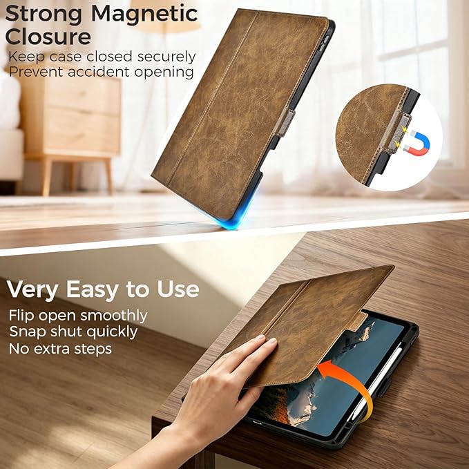 Slim Case for iPad Pro 11 Inch M5/M4 (2025/2024) A3357/A3358/A2836/A2837 with Pencil Holder,Lightweight Cover,Magnetic Closure,Multi Angle Stand,Typing Angle,Auto Sleep/Wake,Dark Brown