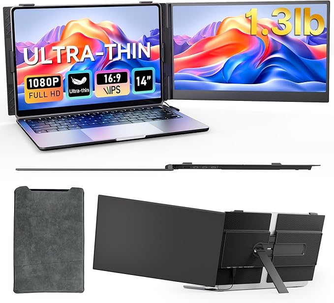 Laptop Screen Extender - 14" FHD IPS 1080P Dual Portable Monitor for 13.3"-17.3" Laptop USB-C/USB-A/HDMI Monitors Display Travel Work Monitor Extender for Mac Windows
