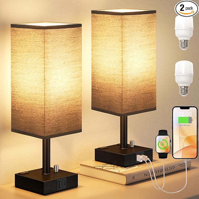 aooshine Black Fully Dimmable Nightstand Lamps Set of 2 - Table Bedside Lamp with USB C+A Charging Ports & 2 AC Outlets, Square Lamp Sets Linen Fabric Shade for Bedroom Living Room(Bulb Included)