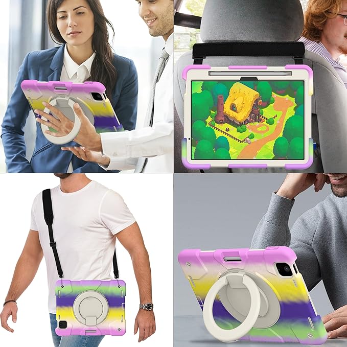 Andnary Case for iPad Air 11 inch Case M4/M3/M2 (2026/2025/2024), Heavy Duty Shockproof Cover with Screen Protector, 360° Rotating Stand, Pencil Holder, Shoulder Strap (Colorful Purple)