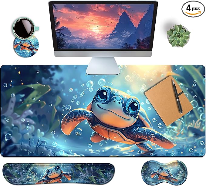 4-Piece Extended Large Mouse Pad Set for Women Men with Turtle Anime Design Includes 35.4 x 15.7 XXL Large Mouse Pad Keyboard Wrist Rest Mouse Wrist Support and Coaster for Office Home