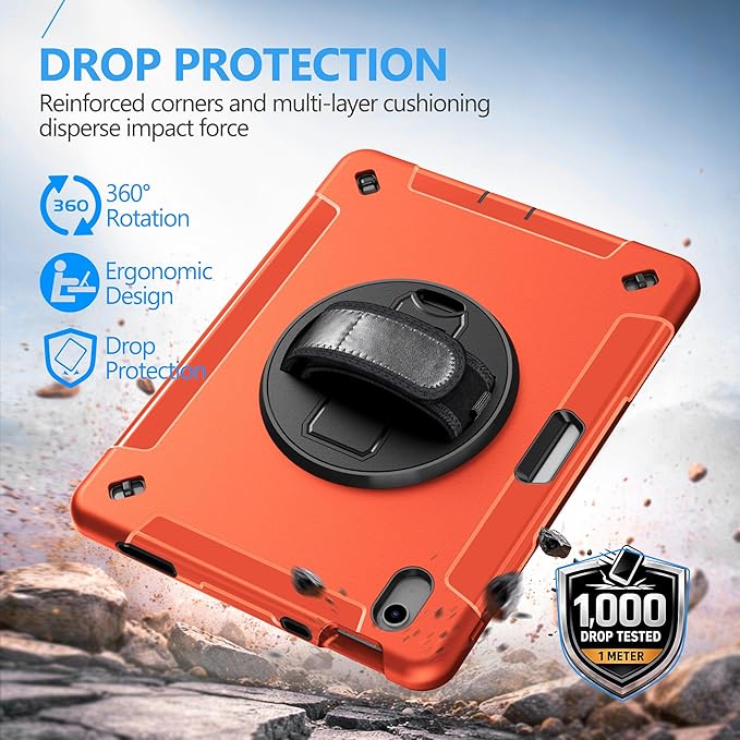 Case for iPad (A16) 11th/10th Generation Case: Protective Cover for iPad 11th Gen 11 Inch 2025 &10th Gen 10.9" 2022 with Screen Protector- Stand- Shoulder Strap- Handle- Pencil Holder-Orange