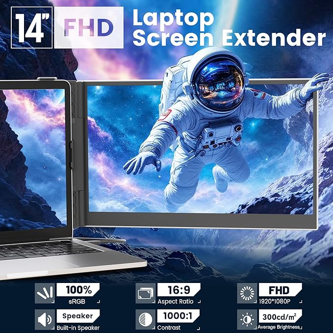 domyfan 14" Laptop Screen Extender, Ultra-Thin Portable Dual Laptop Monitor Extender with FHD 1080P IPS Display, Plug & Play via HDMI/USB-A/Type-C for 13-17" Laptops, Works with Windows/Mac/Android