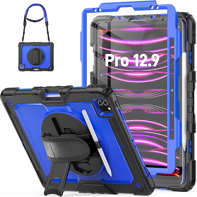 HXCASEAC Case for iPad Pro 12.9 Case (6th 5th 4th 3rd Generation), Shockproof Design | Pencil Holder | Hand Strap | Screen Protector | Heavy Duty Protective iPad 12.9 inch 2022/2021/2020/2018 - Blue