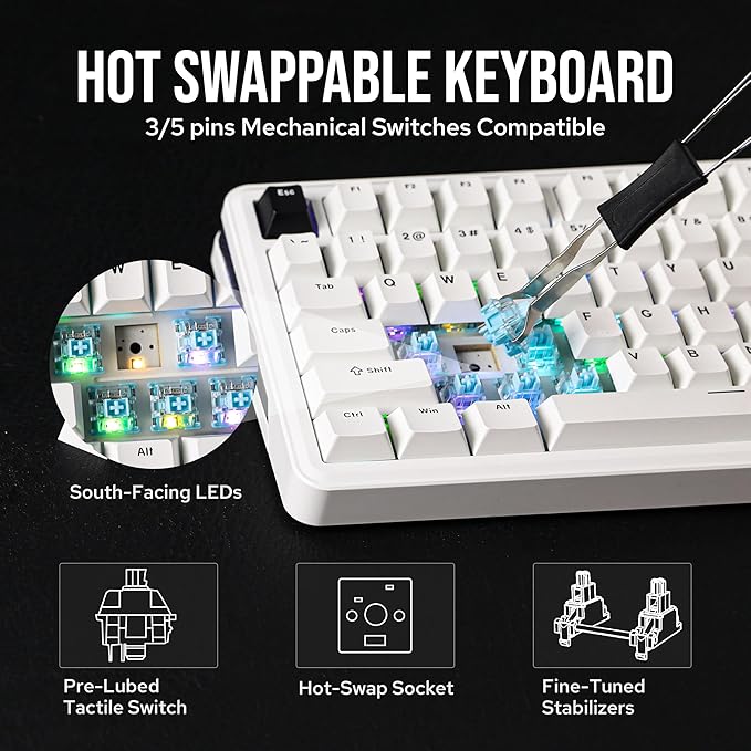 EPOMAKER TH85 QMK/VIA Wireless Gaming Keyboard, BT5.0/2.4GHz/USB-C, Hot Swappable Pre-lubed Custom Milk Blue Tactile Switches, Gasket Creamy Keyboard for PC/Mac/Office/Gaming (White)