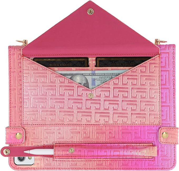 Shiny Case for iPad 6th/5th Gen 9.7 Inch (2018/2017), iPad Pro 9.7"/Air 2, Techcircle Crossbody Iridescent Folio Stand Multi-Pocket Wallet Case with Pencil Holder+Hand/Shoulder Strap, Shiny Rose Pink