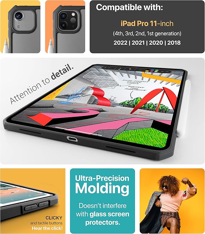 TineeOwl iPad Pro 11 inch Case 2022, 2021, 2020, 2018 (4th, 3rd, 2nd, 1st Generation) Ultra Thin, Clear Back, Flexible TPU Absorbs Shock, Supports Apple Pencil Wireless Charging (Stone/Clear Back)